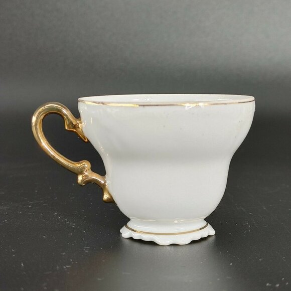 Vintage White Pink Floral Porcelain Golden Rim Footed Tea Cup With Handle - Picture 3 of 10